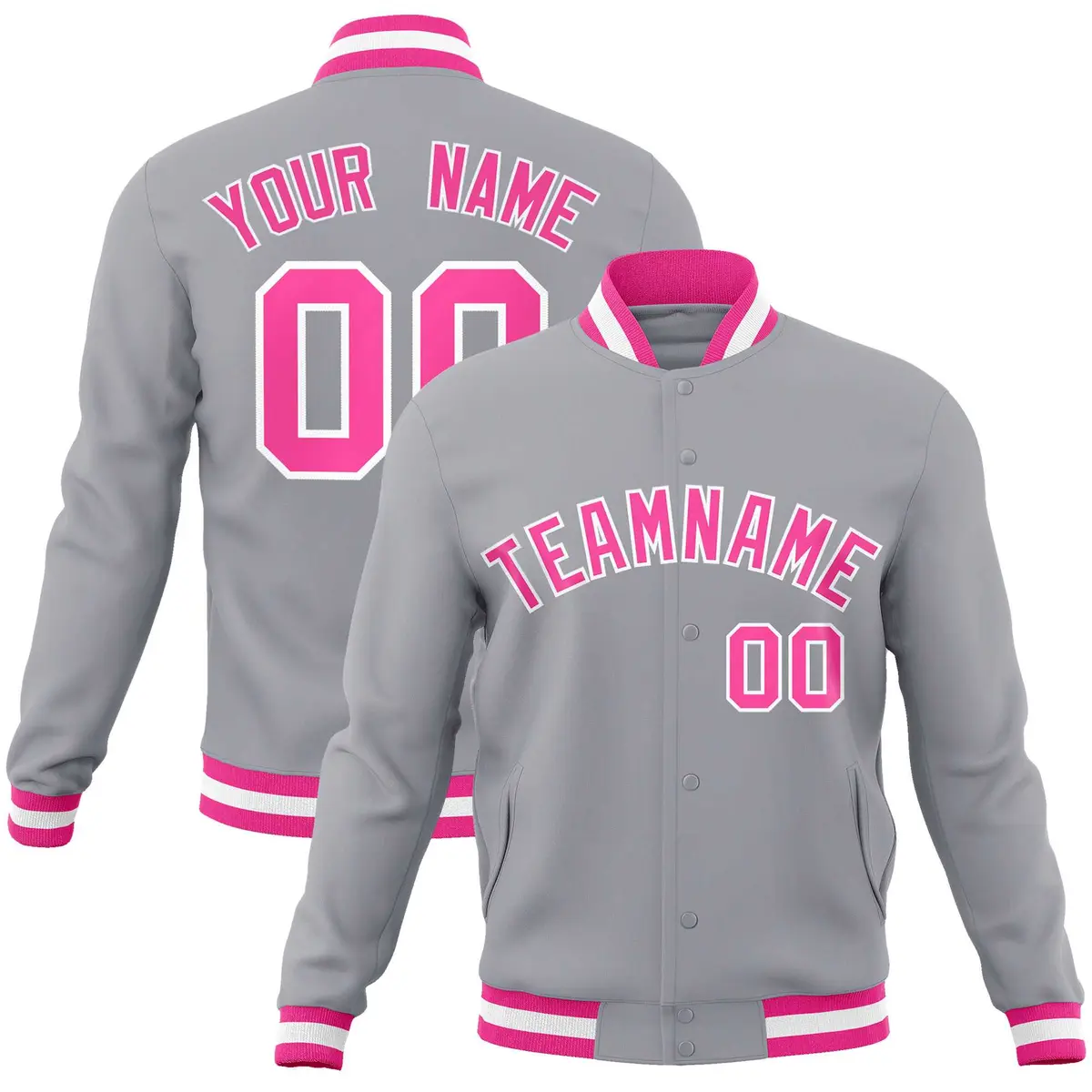 Gray Pink-White Classic Varsity Full-Snap Letterman Jacket