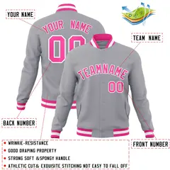 Gray Pink-White Classic Varsity Full-Snap Letterman Jacket 4