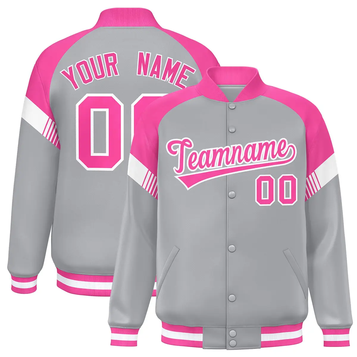 Gray Pink-White Color Block Varsity Letterman Jacket