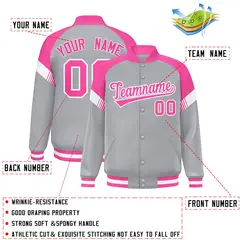 Gray Pink-White Color Block Varsity Letterman Jacket 2