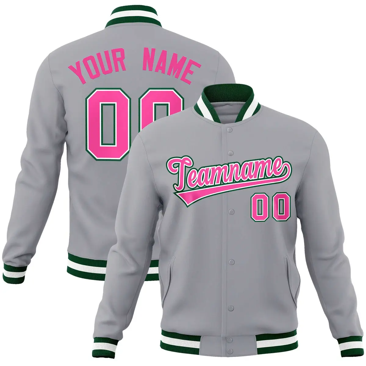 Gray Pink-White Green Varsity Full-Snap Letterman Jacket