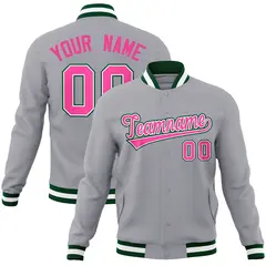 Gray Pink-White Green Varsity Full-Snap Letterman Jacket 1