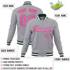 Gray Pink-White Green Varsity Full-Snap Letterman Jacket 4