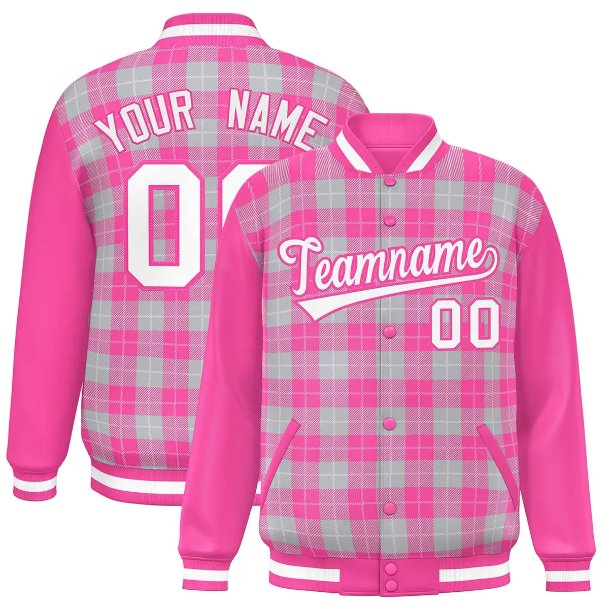 Gray Pink-White Plaid Varsity Letterman Baseball Jacket