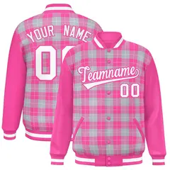 Gray Pink-White Plaid Varsity Letterman Baseball Jacket 1