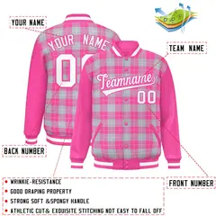 Gray Pink-White Plaid Varsity Letterman Baseball Jacket 2