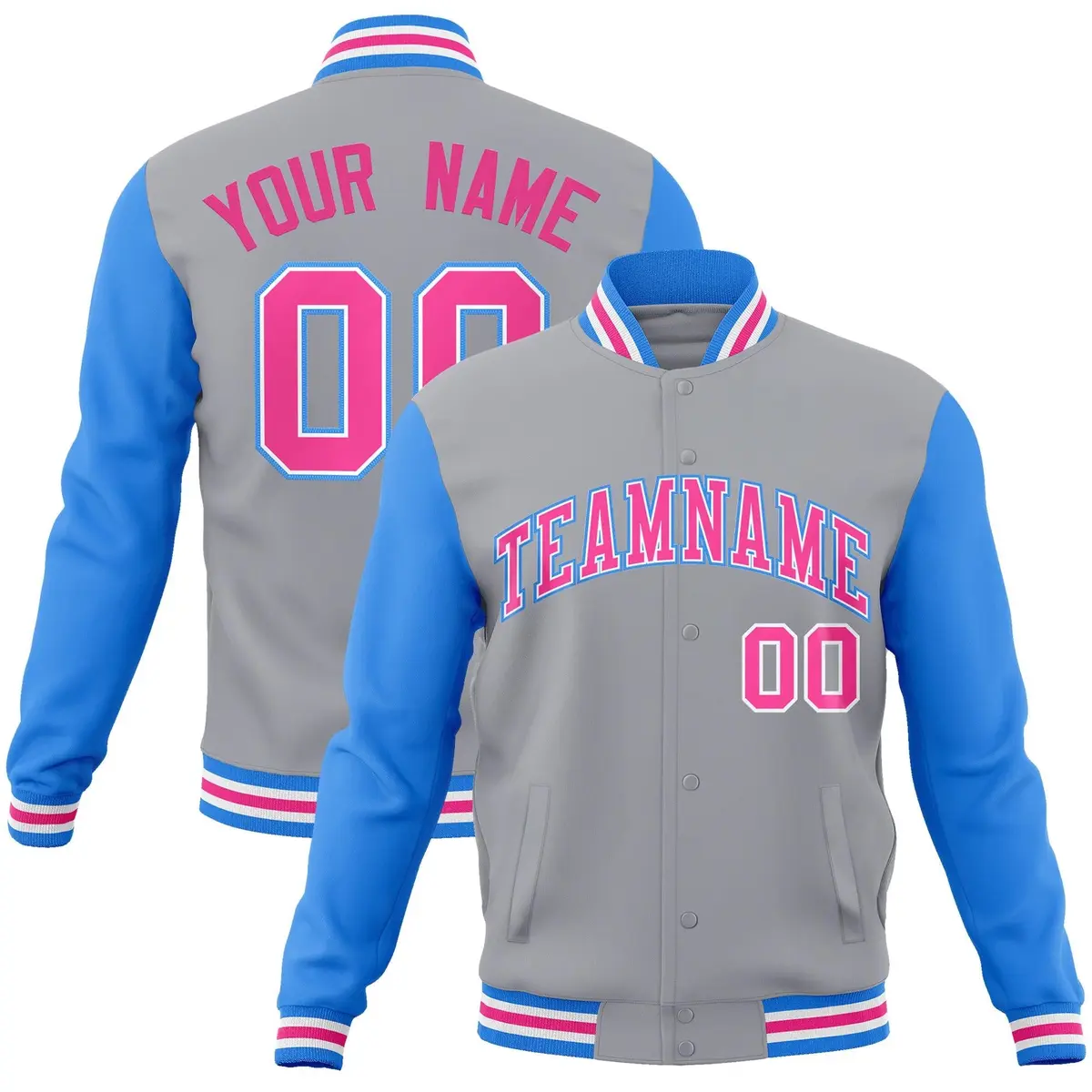 Gray Pink-White Raglan Varsity Full-Snap Letterman Jacket