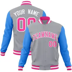 Gray Pink-White Raglan Varsity Full-Snap Letterman Jacket 1
