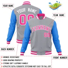 Gray Pink-White Raglan Varsity Full-Snap Letterman Jacket 4