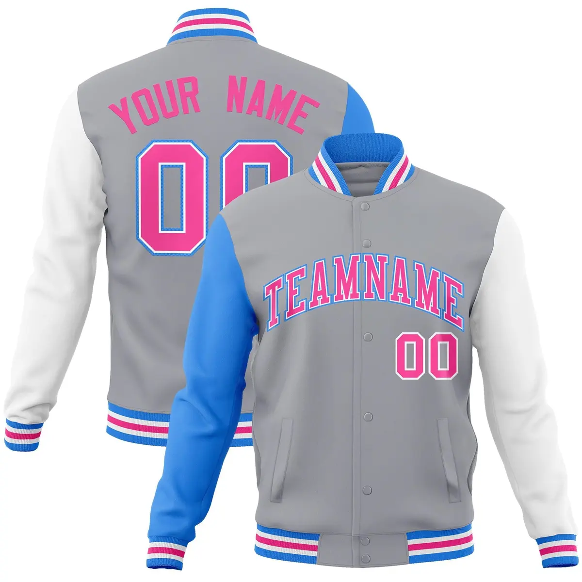 Gray Pink-White Raglan Varsity Full-Snap Letterman Jacket