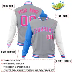 Gray Pink-White Raglan Varsity Full-Snap Letterman Jacket 4
