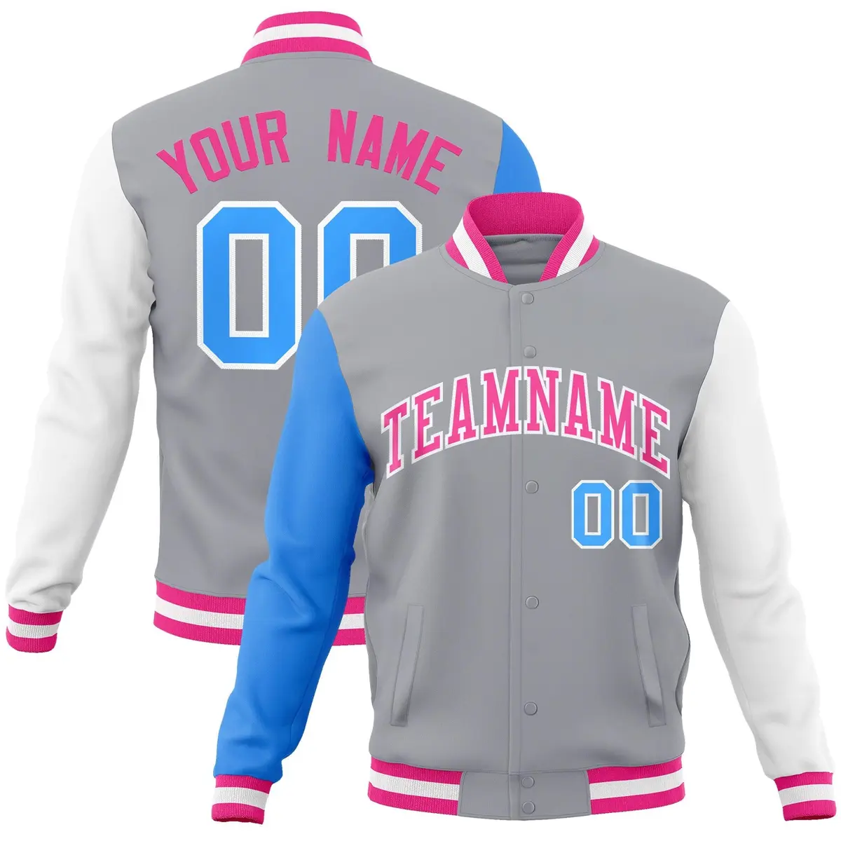 Gray Pink-White Raglan Varsity Full-Snap Letterman Jacket