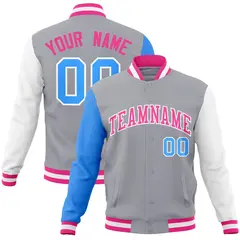 Gray Pink-White Raglan Varsity Full-Snap Letterman Jacket 1