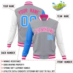 Gray Pink-White Raglan Varsity Full-Snap Letterman Jacket 4