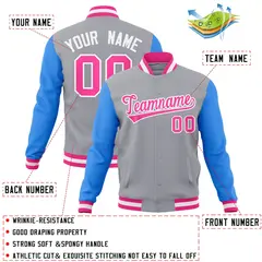 Gray Pink-White Raglan Varsity Full-Snap Letterman Jacket 4