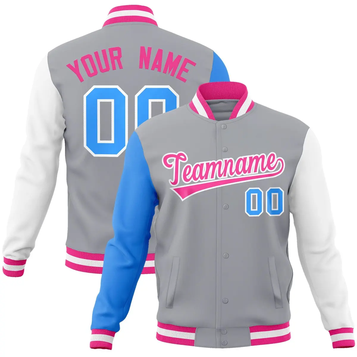 Gray Pink-White Raglan Varsity Full-Snap Letterman Jacket