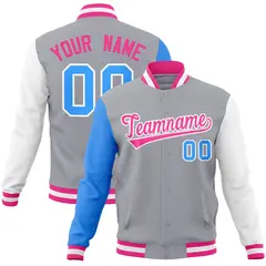 Gray Pink-White Raglan Varsity Full-Snap Letterman Jacket