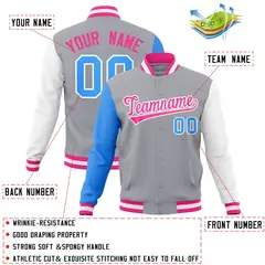 Gray Pink-White Raglan Varsity Full-Snap Letterman Jacket 4