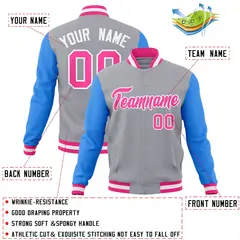 Gray Pink-White Raglan Varsity Full-Snap Letterman Jacket 4