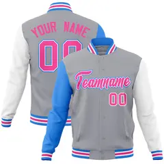 Gray Pink-White Raglan Varsity Full-Snap Letterman Jacket 1
