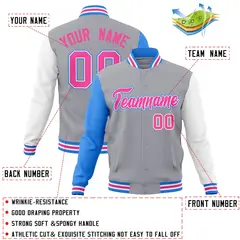Gray Pink-White Raglan Varsity Full-Snap Letterman Jacket 4