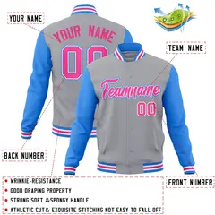 Gray Pink-White Raglan Varsity Full-Snap Letterman Jacket 4