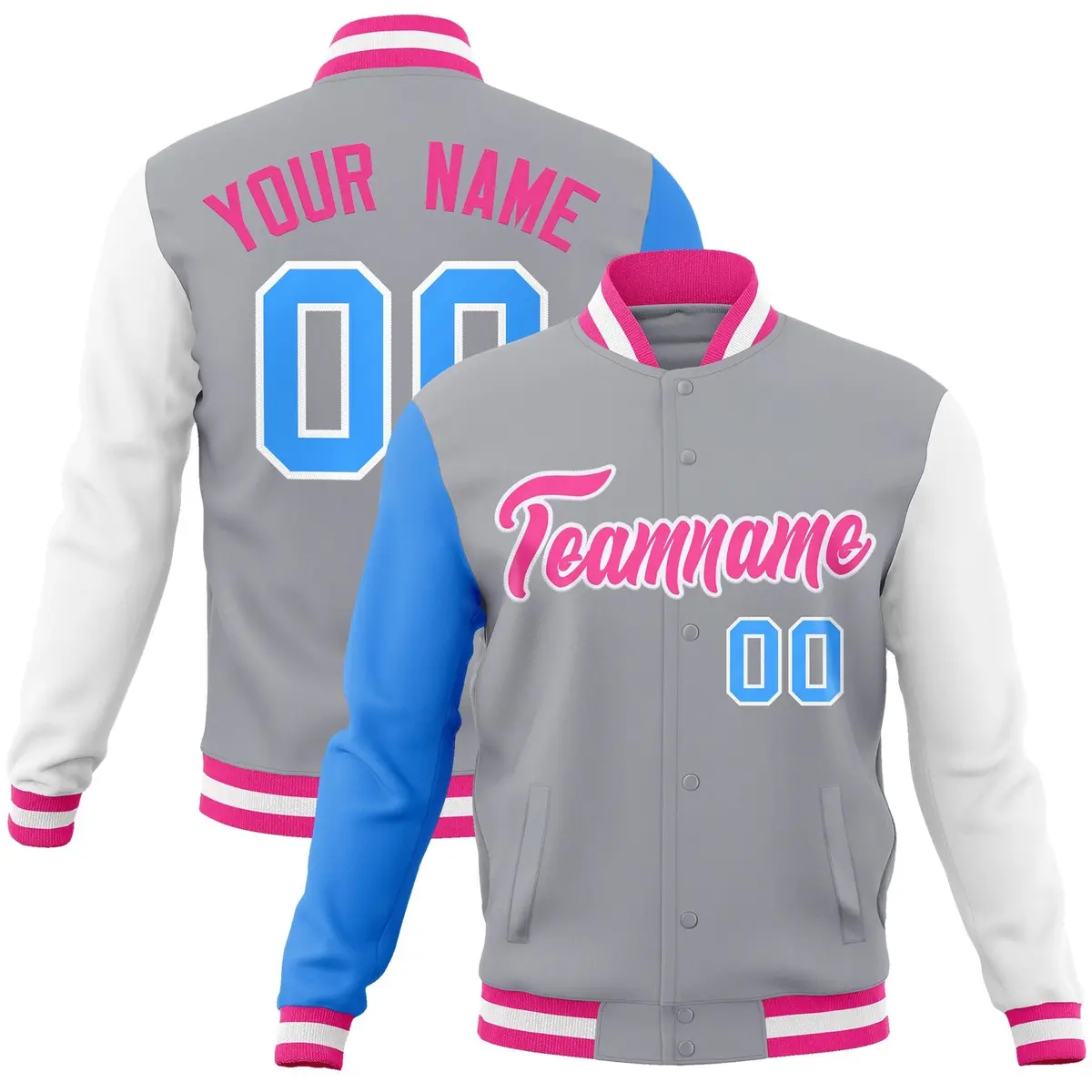 Gray Pink-White Raglan Varsity Full-Snap Letterman Jacket