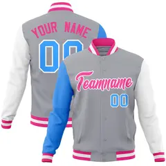 Gray Pink-White Raglan Varsity Full-Snap Letterman Jacket 1