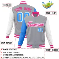 Gray Pink-White Raglan Varsity Full-Snap Letterman Jacket 4