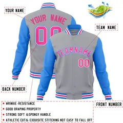 Gray Pink-White Raglan Varsity Full-Snap Letterman Jacket 4