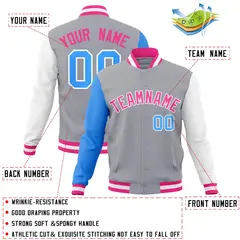 Gray Pink-White Raglan Varsity Full-Snap Letterman Jacket 4