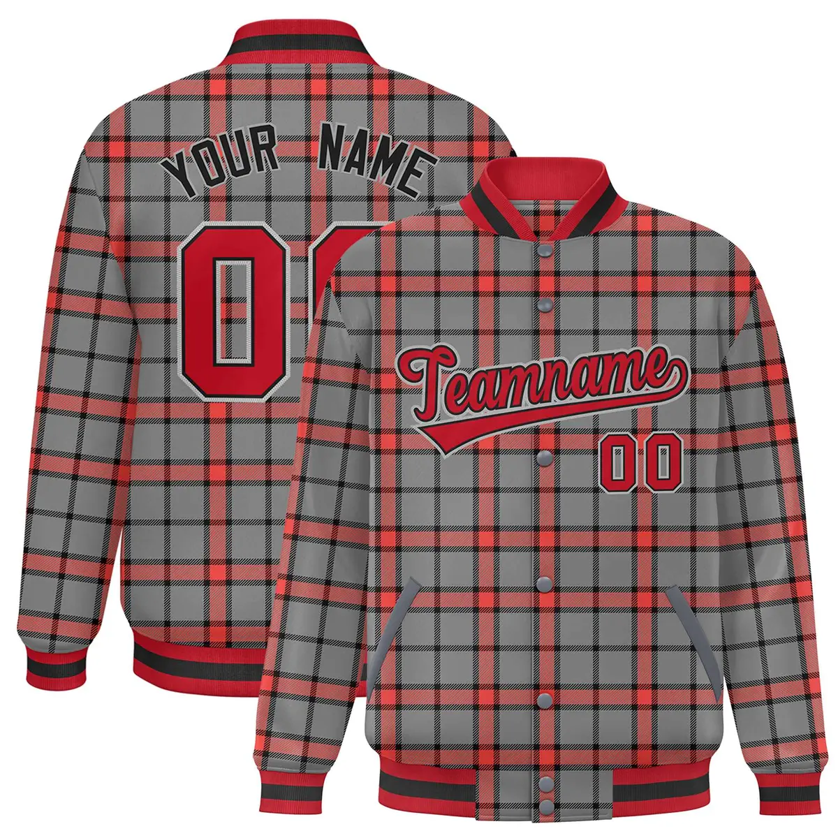 Gray Plaid Varsity Full-Snap Letterman Baseball Jacket