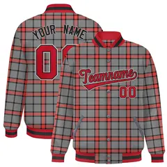 Gray Plaid Varsity Full-Snap Letterman Baseball Jacket
