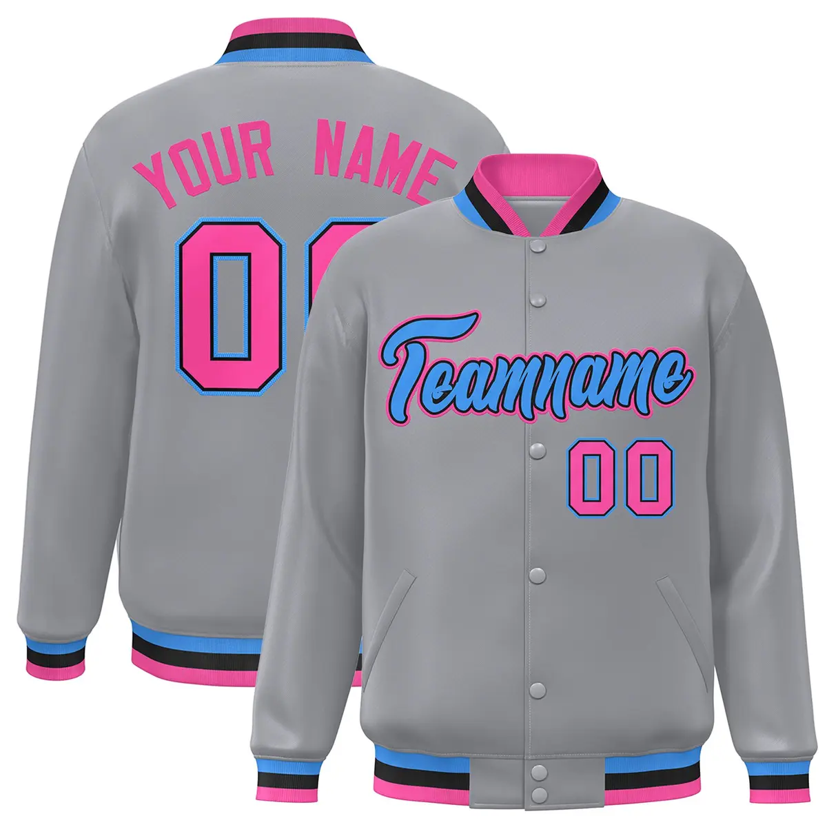 Gray Powder Blue-Black Varsity Full-Snap Letterman Jacket