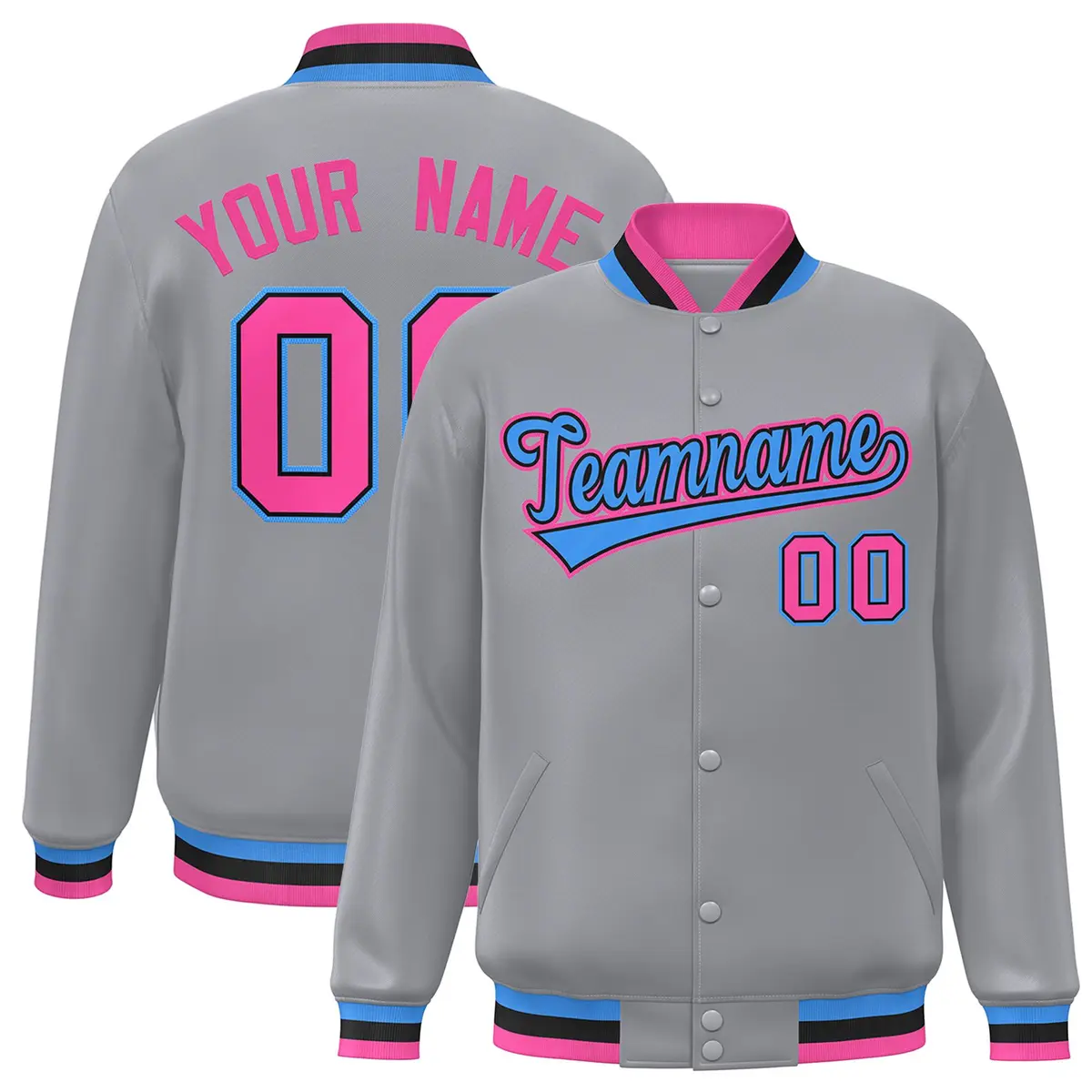 Gray Powder Blue-Black Varsity Full-Snap Letterman Jacket