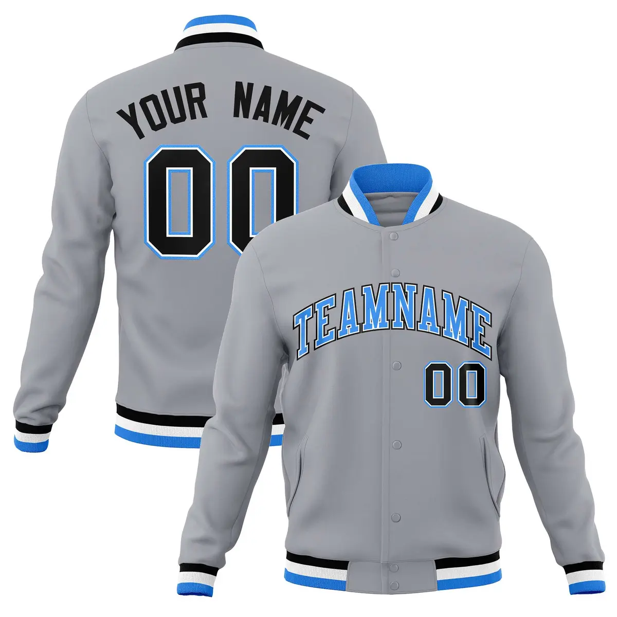 Gray Powder Blue-Black Varsity Full-Snap Letterman Jacket