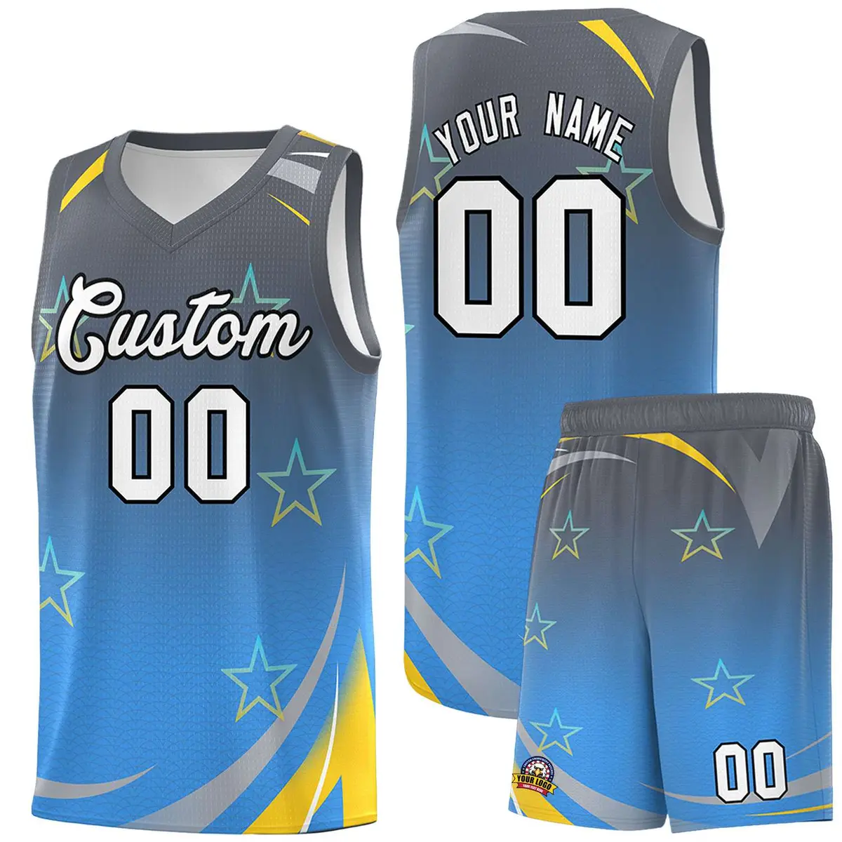 Gray Powder Blue Gradient Star Graffiti Basketball Jersey