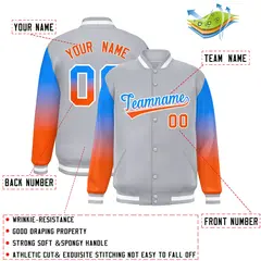Gray Powder Blue-Orange Gradient Varsity Full-Snap Raglan Baseball Jacket 2