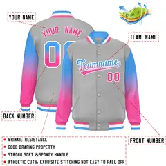 Gray Powder Blue-Pink Gradient Varsity Full-Snap Raglan Baseball Jacket 2