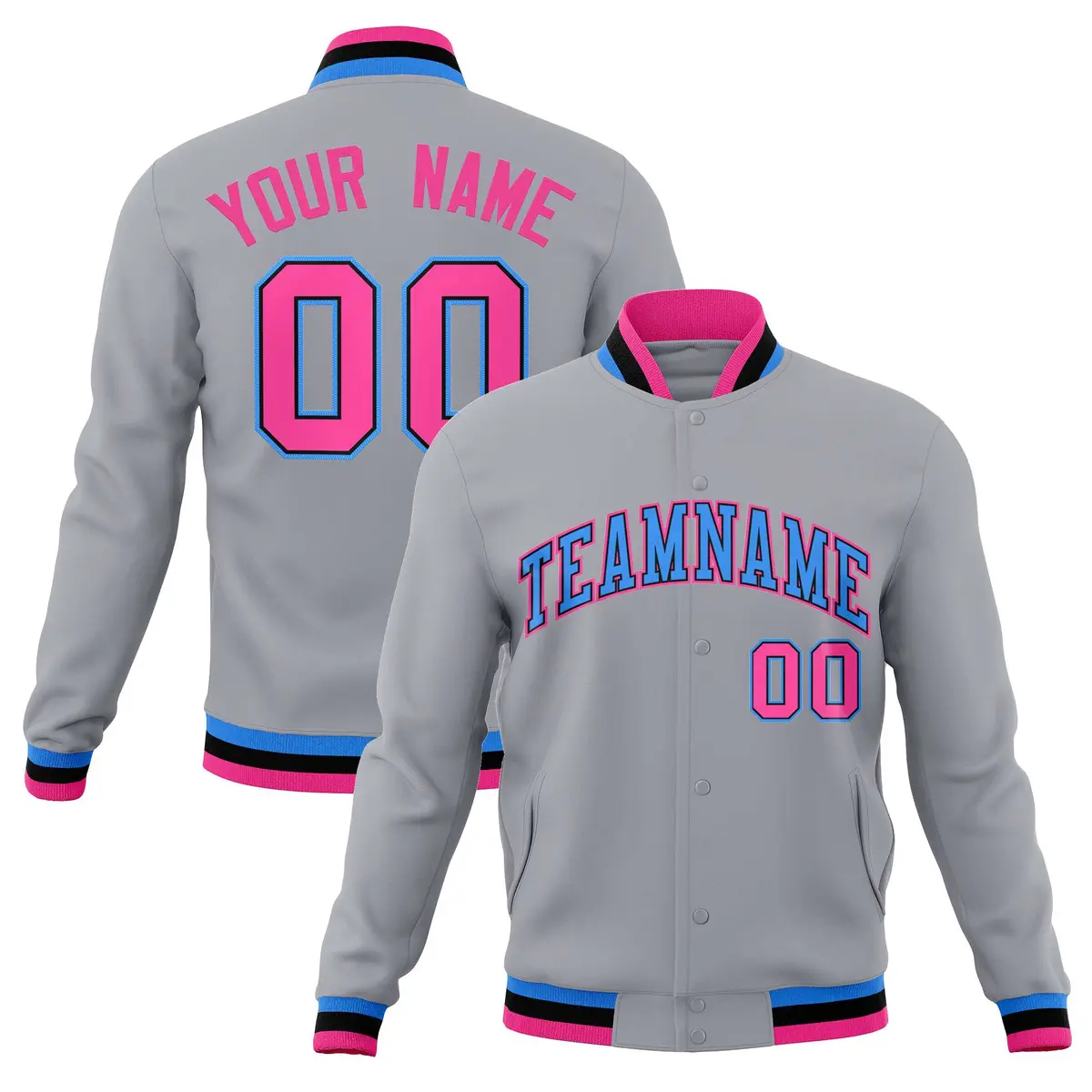 Gray Powder Blue-Pink Varsity Full-Snap Letterman Jacket