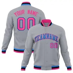 Gray Powder Blue-Pink Varsity Full-Snap Letterman Jacket 1