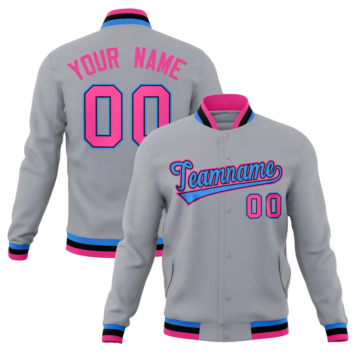 Gray Powder Blue-Pink Varsity Full-Snap Letterman Jacket
