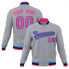 Gray Powder Blue-Pink Varsity Full-Snap Letterman Jacket 1