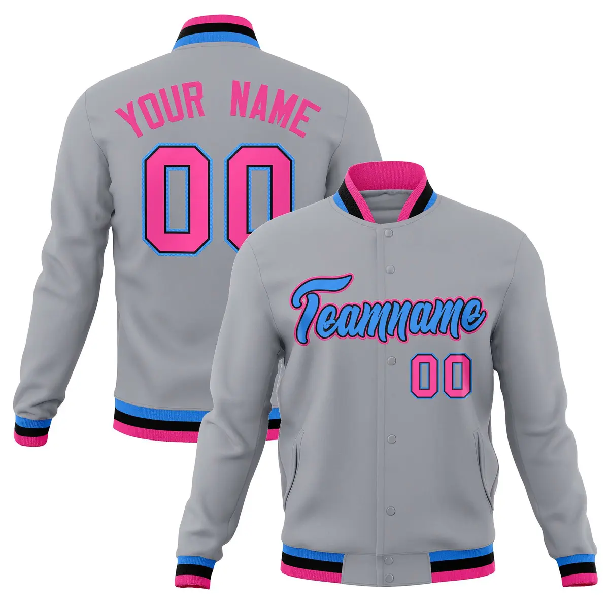 Gray Powder Blue-Pink Varsity Full-Snap Letterman Jacket