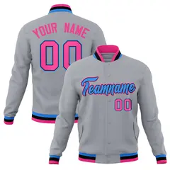 Gray Powder Blue-Pink Varsity Full-Snap Letterman Jacket 1