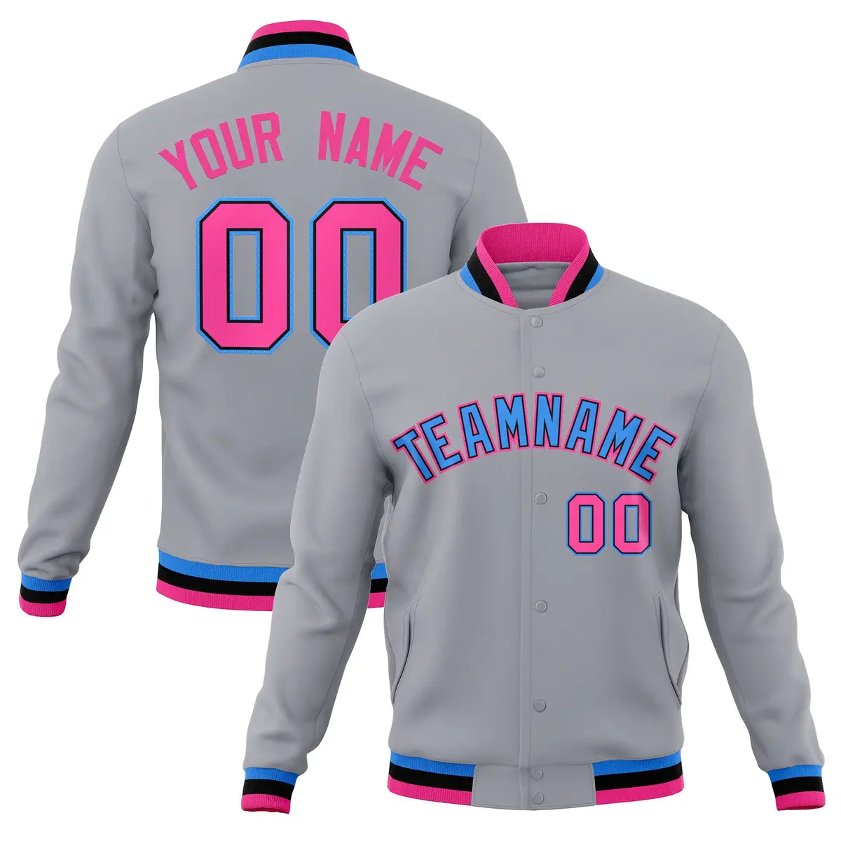 Gray Powder Blue-Pink Varsity Full-Snap Letterman Jacket