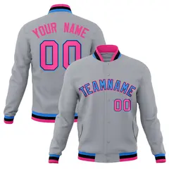 Gray Powder Blue-Pink Varsity Full-Snap Letterman Jacket 1
