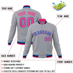 Gray Powder Blue-Pink Varsity Full-Snap Letterman Jacket 4