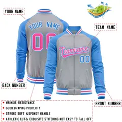 Gray Powder Blue Varsity Full-Zip Raglan Letterman Baseball Jacket 4