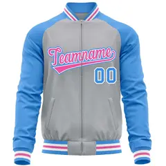 Gray Powder Blue Varsity Full-Zip Raglan Letterman Baseball Jacket 5